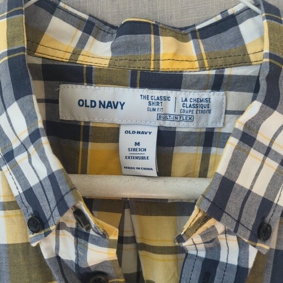 Old Navy Men's Yellow Blue Plaid Shirt Short Sleeve Summer - Slim Fit Size M NWT - Picture 3 of 5